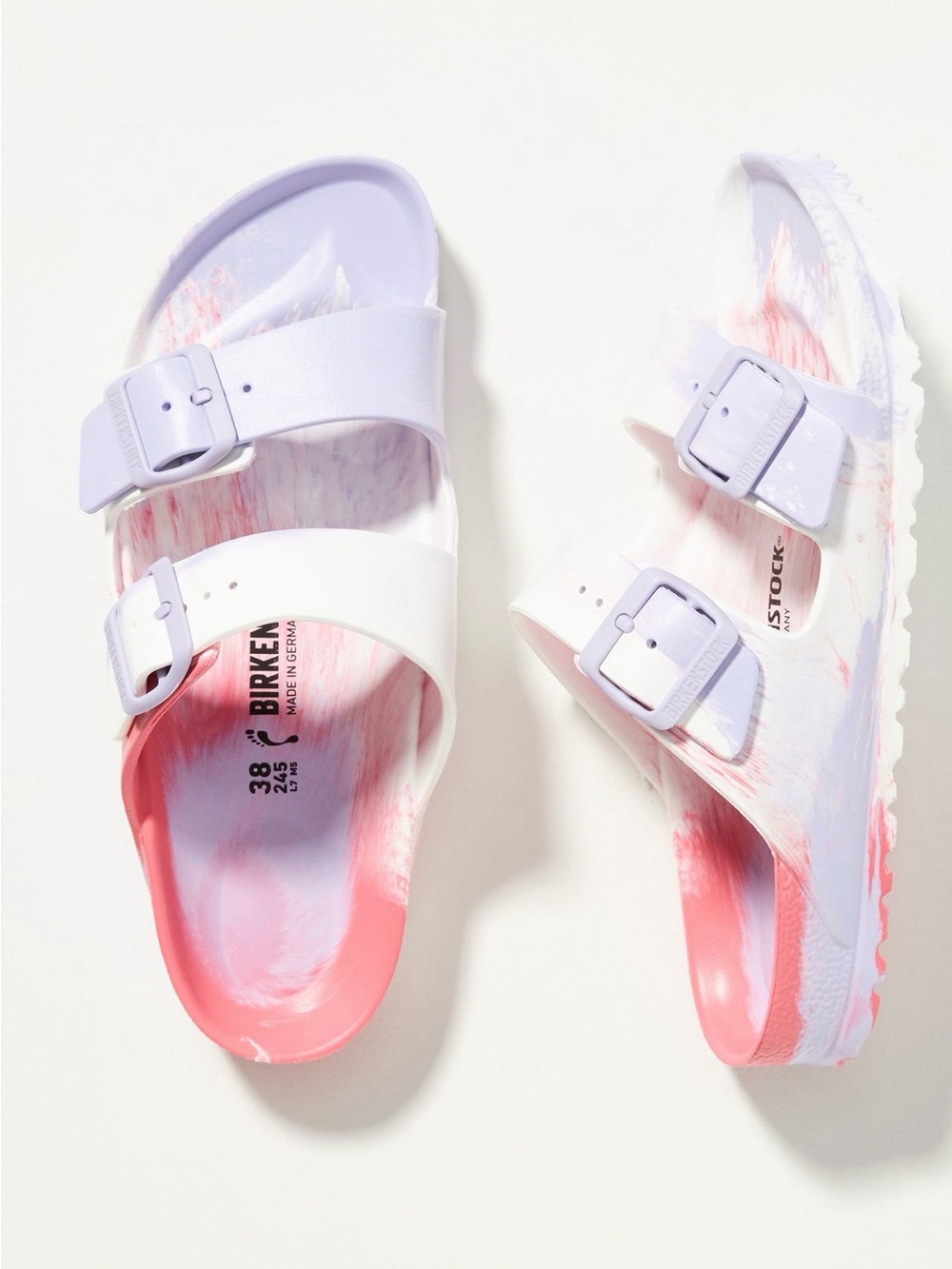 Birkenstock Kids Two-Strap Slide Sandals in Pastel Pink & Lavender